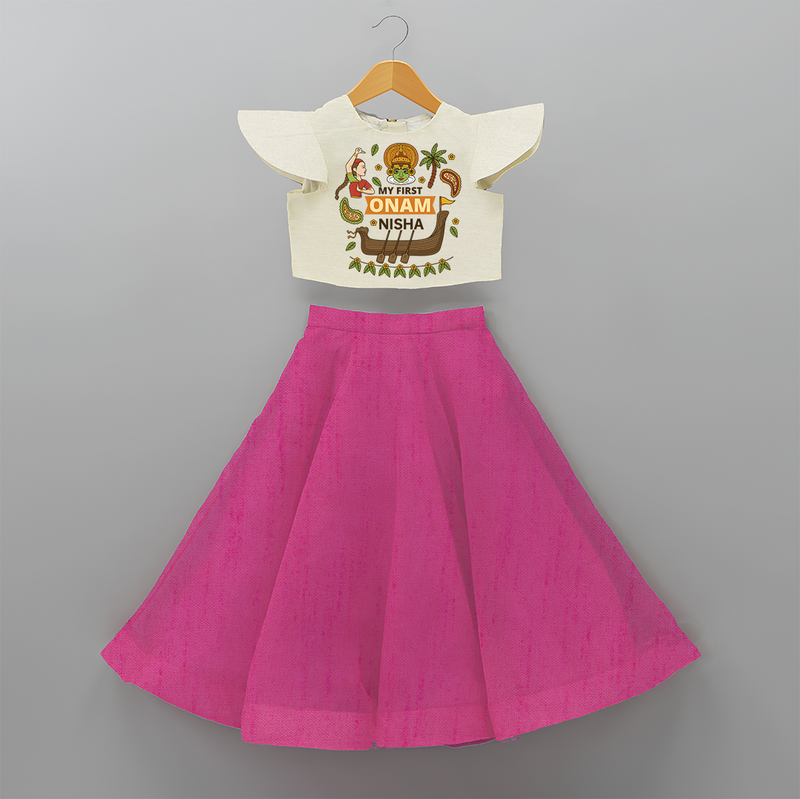 My 1st Onam - Customized Crop Top And Skirt For Girls - FUSCHIA - 6 - 9 Months Old (Chest 20" , Frock Waist 20")