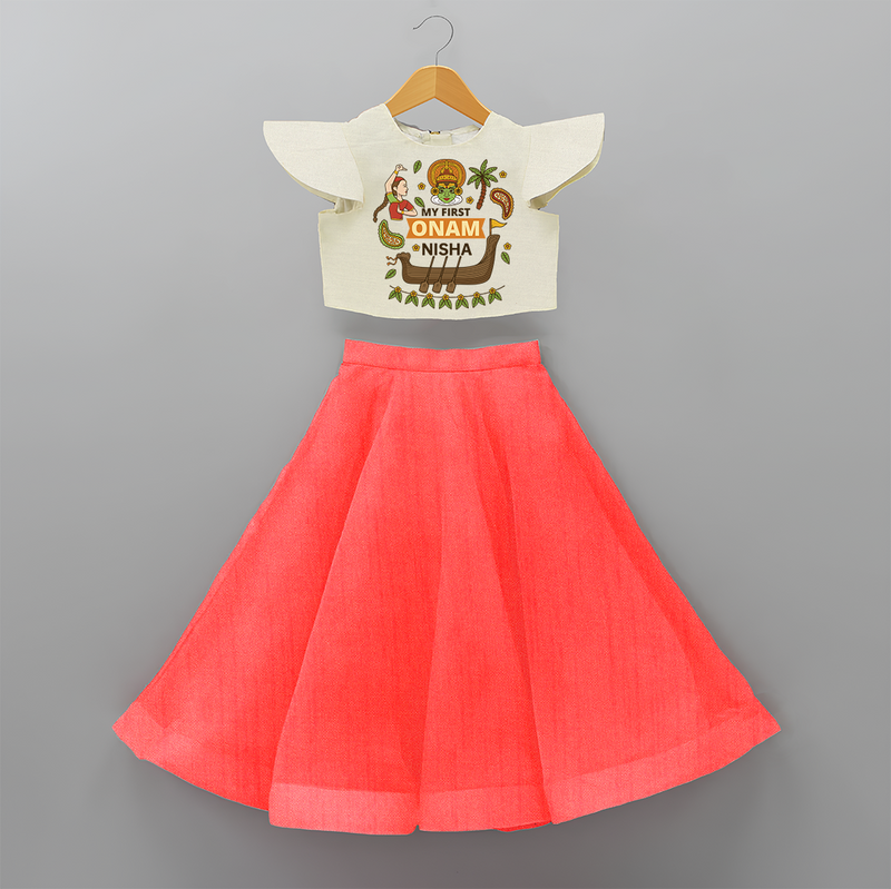 My 1st Onam - Customized Crop Top And Skirt For Girls - RED - 6 - 9 Months Old (Chest 20" , Frock Waist 20")