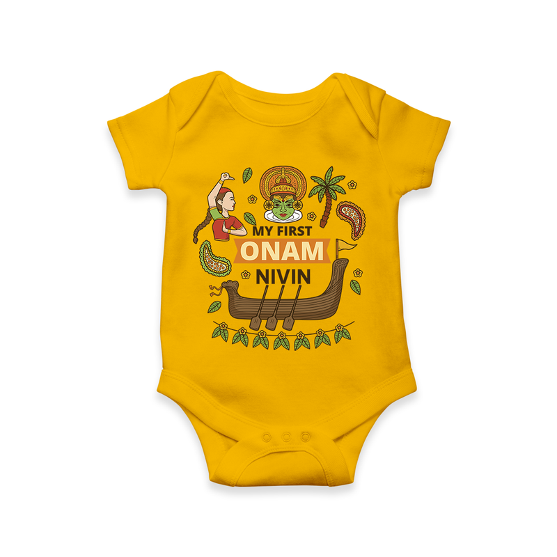 My First Onam - Customized Romper For Kids - CHROME YELLOW - 0 - 3 Months Old (Chest 16")