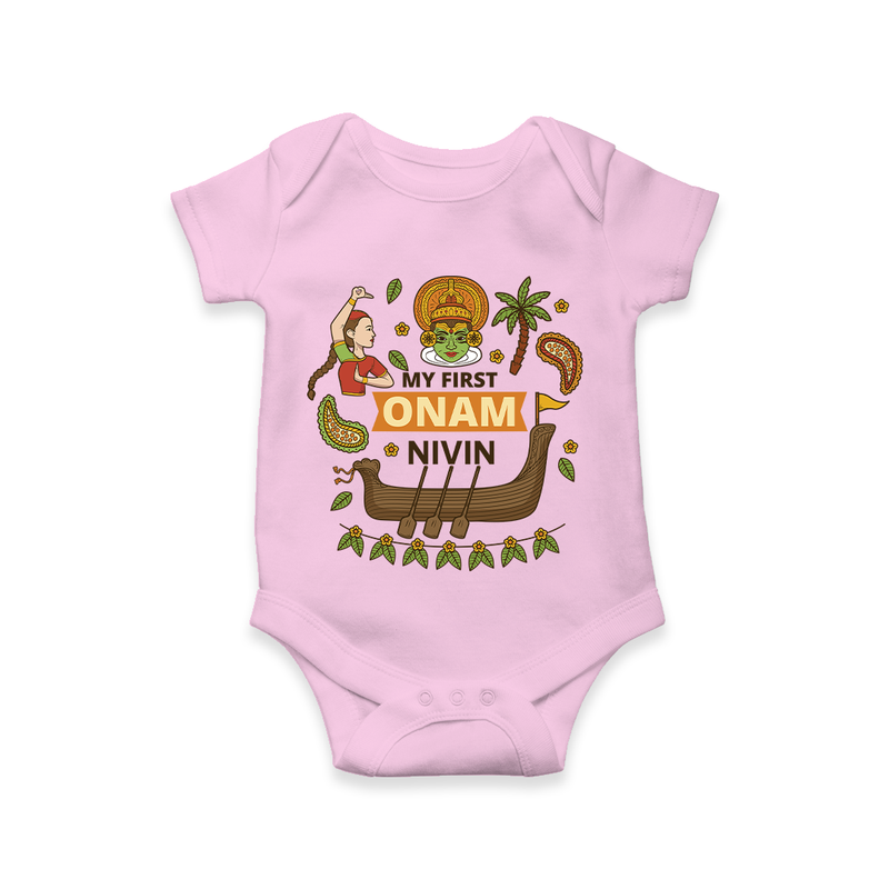 My First Onam - Customized Romper For Kids - PINK - 0 - 3 Months Old (Chest 16")