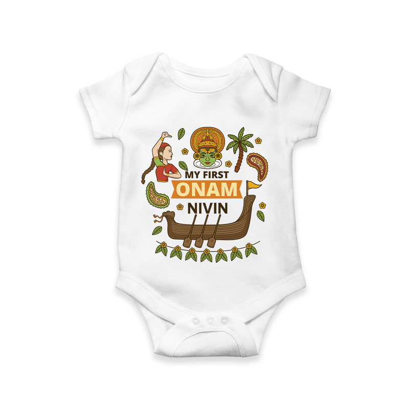 My First Onam - Customized Romper For Kids - WHITE - 0 - 3 Months Old (Chest 16")