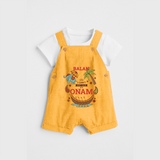 I Can't Keep Calm It's Onam - Customized Dungaree Set For Kids - PASTEL YELLOW - 0 - 5 Months Old (Chest 17")