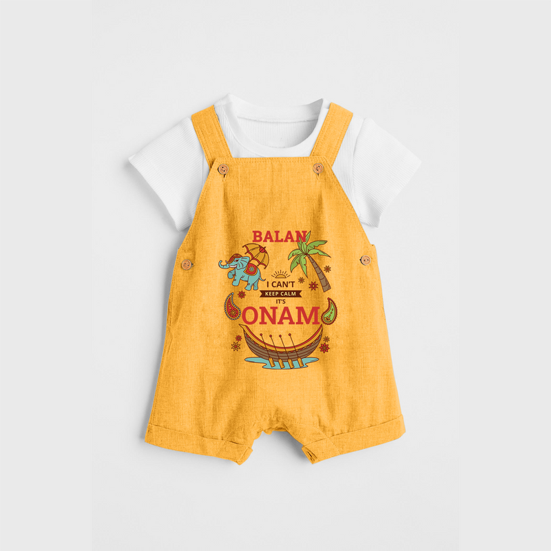 I Can't Keep Calm It's Onam - Customized Dungaree Set For Kids - PASTEL YELLOW - 0 - 5 Months Old (Chest 17")