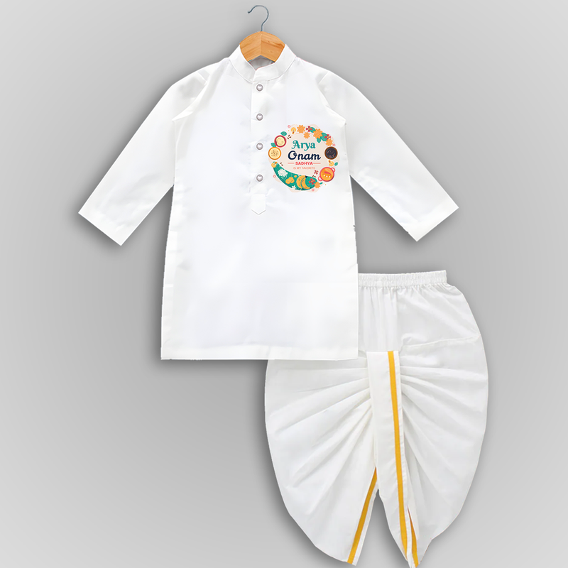 Onam Sadhya Is My Favourite - Customized Drapped Dhoti For Kids - WHITE - 0-6 Month Old (Chest 24", Kurta Length 14" , Waist 19", Dhoti Length 14")