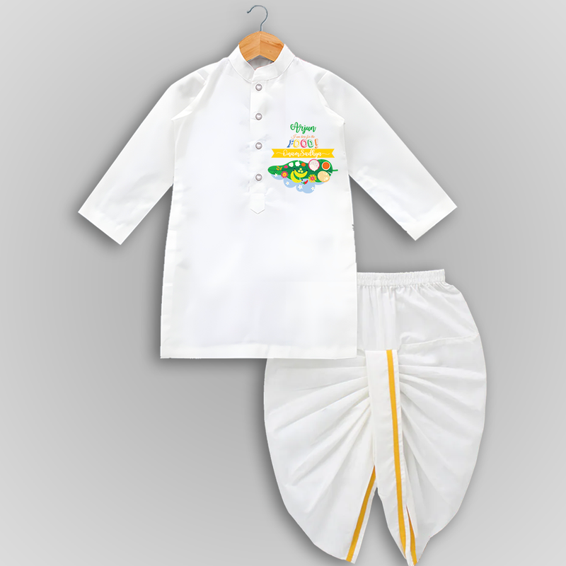 I Am Here For The Food - Customized Drapped Dhoti For Kids - WHITE - 0-6 Month Old (Chest 24", Kurta Length 14" , Waist 19", Dhoti Length 14")