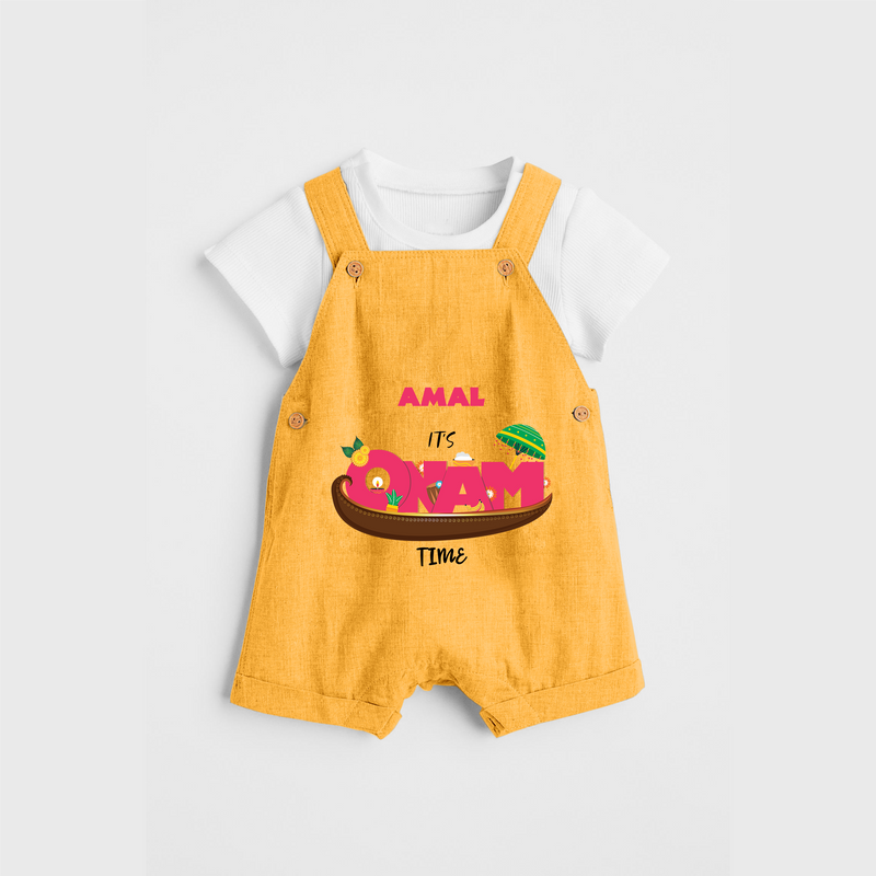 It's Onam Time - Customized Dungaree Set For Kids - PASTEL YELLOW - 0 - 5 Months Old (Chest 17")