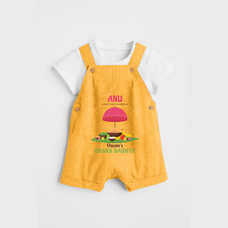 I love The  Flavours of Onam's Grand Sadhya - Customized Dungaree Set For Kids - PASTEL YELLOW - 0 - 5 Months Old (Chest 17")