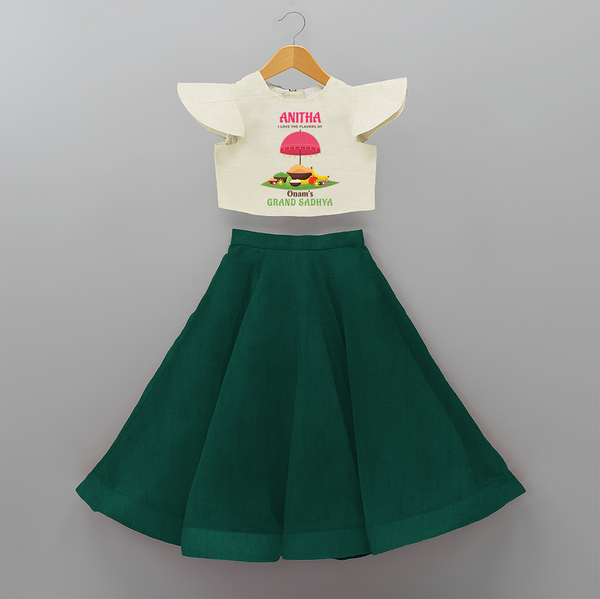 I love The  Flavours of Onam's Grand Sadhya - Customized Crop Top And Skirt For Girls - BOTTLE GREEN - 6 - 9 Months Old (Chest 20" , Frock Waist 20")