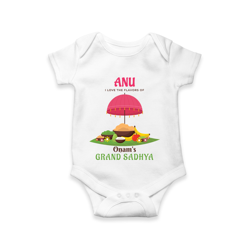 I love The  Flavours of Onam's Grand Sadhya - Customized Romper For Kids - WHITE - 0 - 3 Months Old (Chest 16")