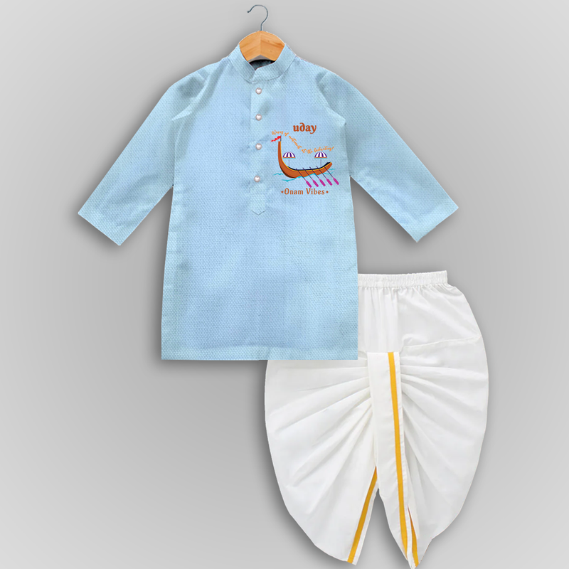 Waves Of Excitement At The Backwaters - Customized Drapped Dhoti For Kids - SKY BLUE - 0-6 Month Old (Chest 24", Kurta Length 14" , Waist 19", Dhoti Length 14")