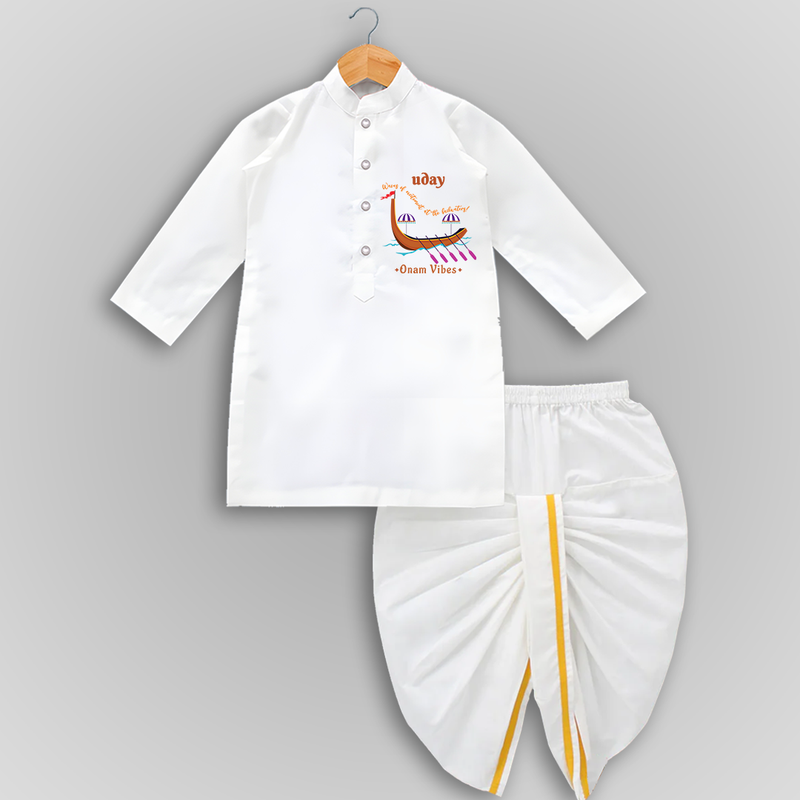 Waves Of Excitement At The Backwaters - Customized Drapped Dhoti For Kids - WHITE - 0-6 Month Old (Chest 24", Kurta Length 14" , Waist 19", Dhoti Length 14")