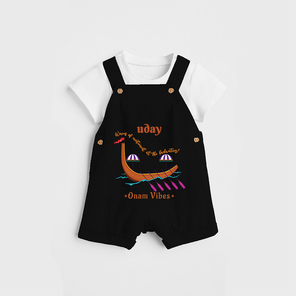 Waves Of Excitement At The Backwaters - Customized Dungaree Set For Kids - BLACK - 0 - 5 Months Old (Chest 17")