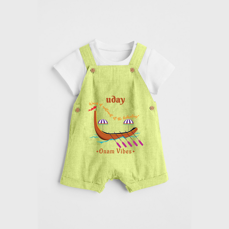 Waves Of Excitement At The Backwaters - Customized Dungaree Set For Kids - PASTEL GREEN - 0 - 5 Months Old (Chest 17")