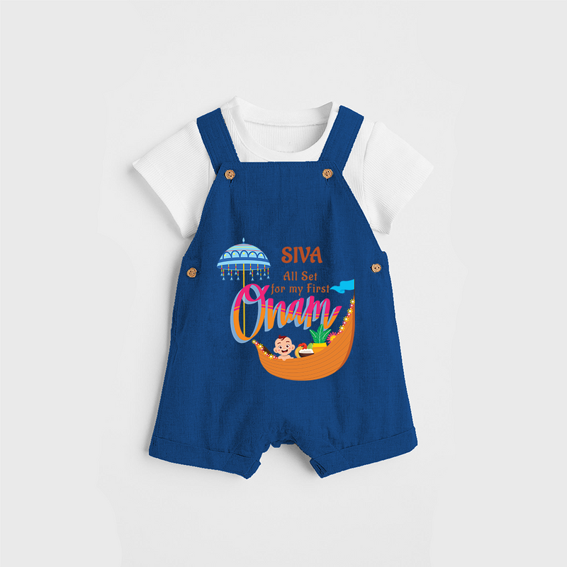 All Set For My First Onam - Customized Dungaree Set For Kids - COBALT BLUE - 0 - 5 Months Old (Chest 17")