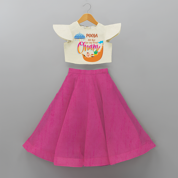 All Set For My First Onam - Customized Crop Top And Skirt For Girls - FUSCHIA - 6 - 9 Months Old (Chest 20" , Frock Waist 20")