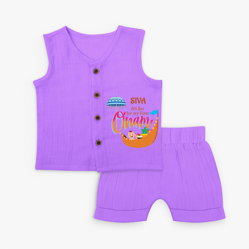 All Set For My First Onam - Customized Jabla Set For Kids - PURPLE - 0 - 3 Months Old (Chest 9.8")