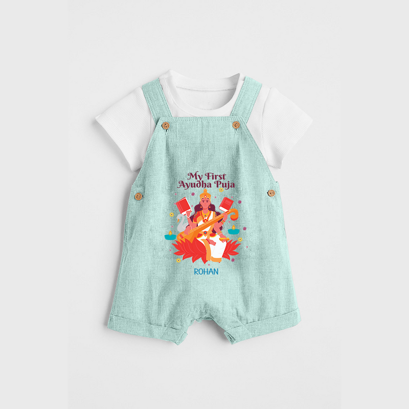 Celebrating the Power of Knowledge and Tools - Customized Ayudha Pooja Themed Dungaree Set For kids - ARCTIC BLUE - 0 - 5 Months Old (Chest 18")