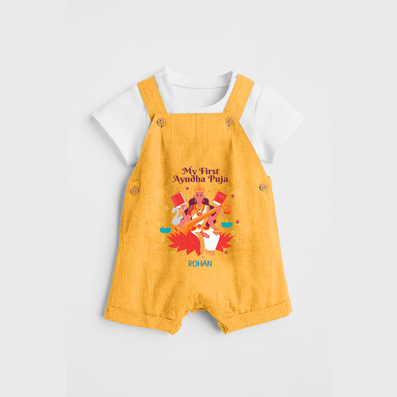 Celebrating the Power of Knowledge and Tools - Customized Ayudha Pooja Themed Dungaree Set For kids - PASTEL YELLOW - 0 - 5 Months Old (Chest 18")