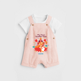 Celebrating the Power of Knowledge and Tools - Customized Ayudha Pooja Themed Dungaree Set For kids - PEACH - 0 - 5 Months Old (Chest 18")