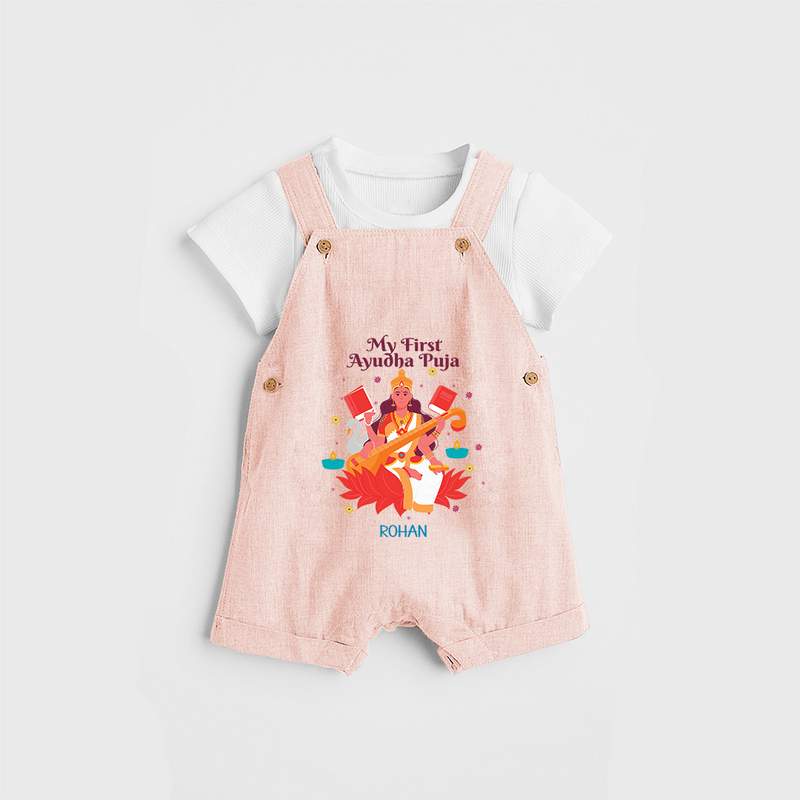 Celebrating the Power of Knowledge and Tools - Customized Ayudha Pooja Themed Dungaree Set For kids - PEACH - 0 - 5 Months Old (Chest 18")