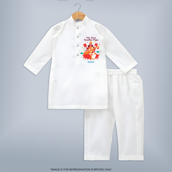 Celebrating the Power of Knowledge and Tools - Customized Ayudha Pooja Themed Kurta Set For kids - WHITE - 3 - 6 Months Old (Chest 24", Kurta Length 14'', Waist 19", Pant Length 14")