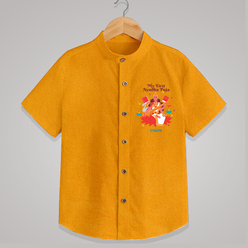 Celebrating the Power of Knowledge and Tools - Customized Ayudha Pooja Themed Shirt For kids - CHROME YELLOW - 0 - 6 Months Old (Chest 23")