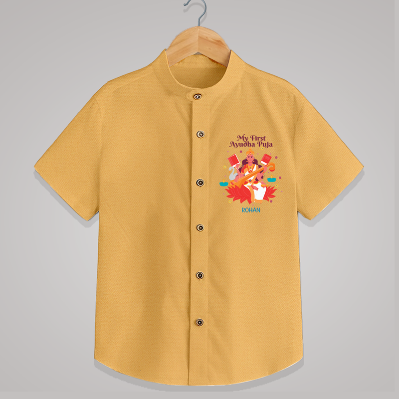 Celebrating the Power of Knowledge and Tools - Customized Ayudha Pooja Themed Shirt For kids - PASTEL YELLOW - 0 - 6 Months Old (Chest 23")