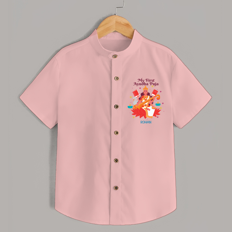 Celebrating the Power of Knowledge and Tools - Customized Ayudha Pooja Themed Shirt For kids - PEACH - 0 - 6 Months Old (Chest 23")