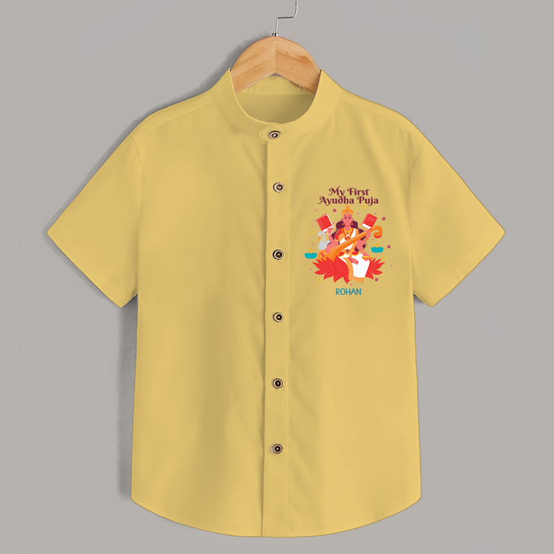 Celebrating the Power of Knowledge and Tools - Customized Ayudha Pooja Themed Shirt For kids - YELLOW - 0 - 6 Months Old (Chest 23")