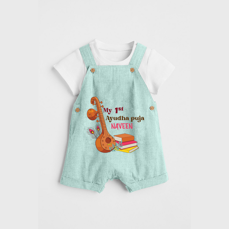 My 1st  Ayudha Pooja - Customized Ayudha Pooja Themed Dungaree Set For kids - ARCTIC BLUE - 0 - 5 Months Old (Chest 18")