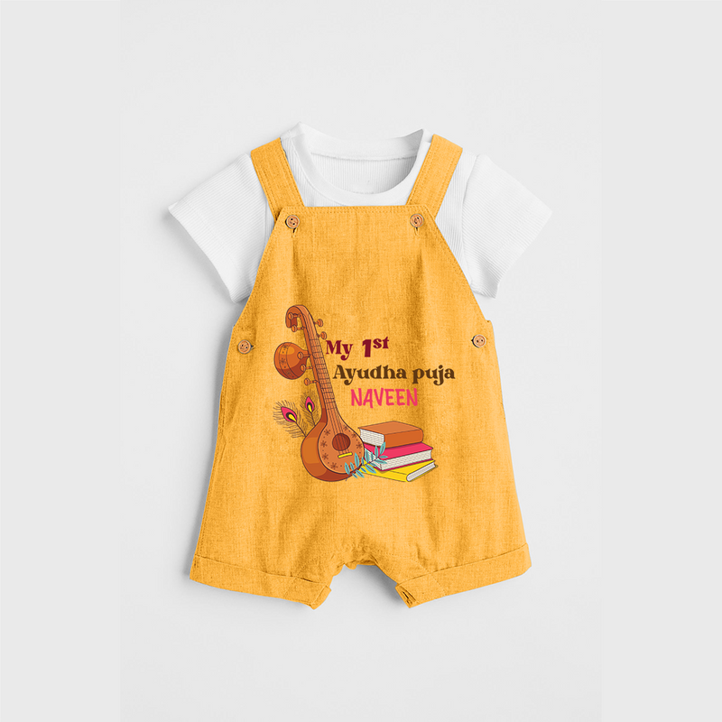 My 1st  Ayudha Pooja - Customized Ayudha Pooja Themed Dungaree Set For kids - PASTEL YELLOW - 0 - 5 Months Old (Chest 18")