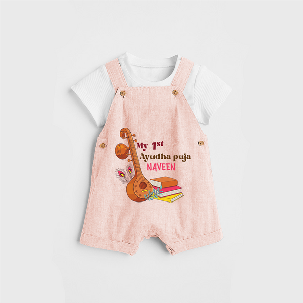 My 1st  Ayudha Pooja - Customized Ayudha Pooja Themed Dungaree Set For kids - PEACH - 0 - 5 Months Old (Chest 18")