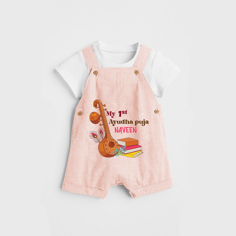 My 1st  Ayudha Pooja - Customized Ayudha Pooja Themed Dungaree Set For kids - PEACH - 0 - 5 Months Old (Chest 18")