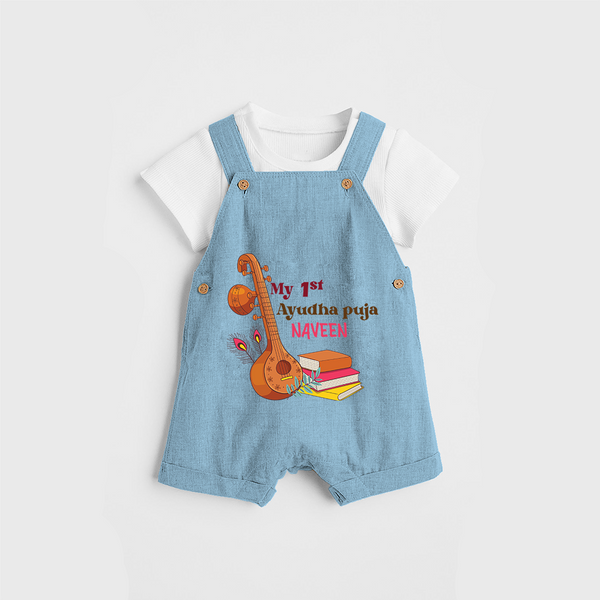 My 1st  Ayudha Pooja - Customized Ayudha Pooja Themed Dungaree Set For kids - SKY BLUE - 0 - 5 Months Old (Chest 18")