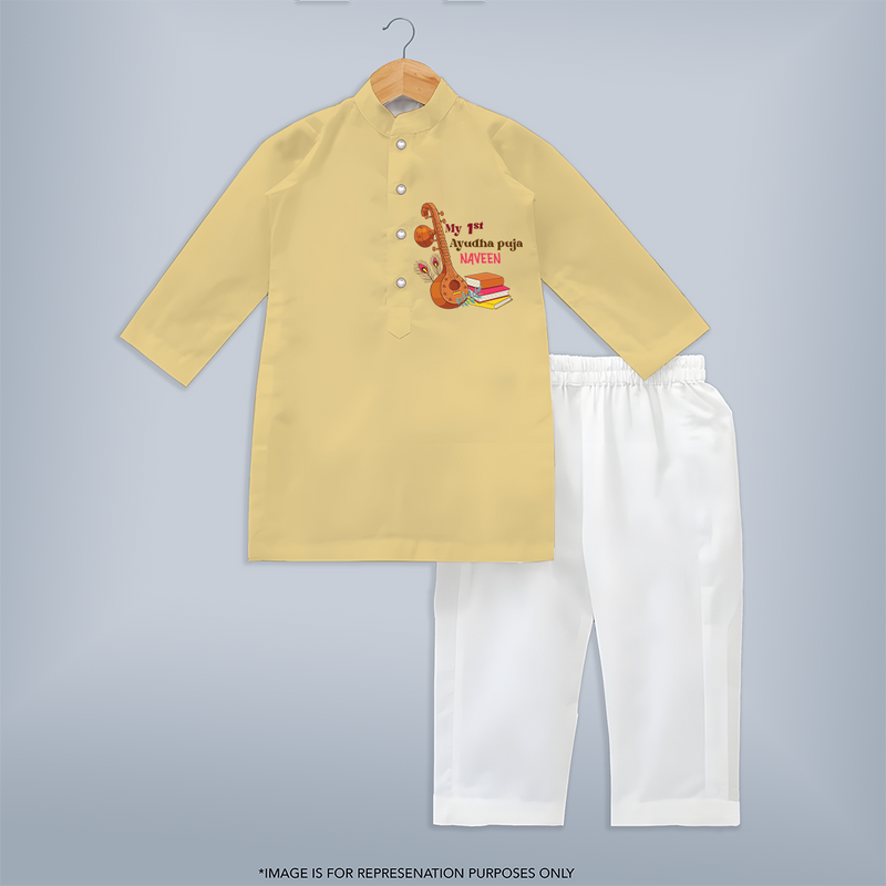 My 1st  Ayudha Pooja - Customized Ayudha Pooja Themed Kurta Set For kids - YELLOW - 3 - 6 Months Old (Chest 24", Kurta Length 14'', Waist 19", Pant Length 14")