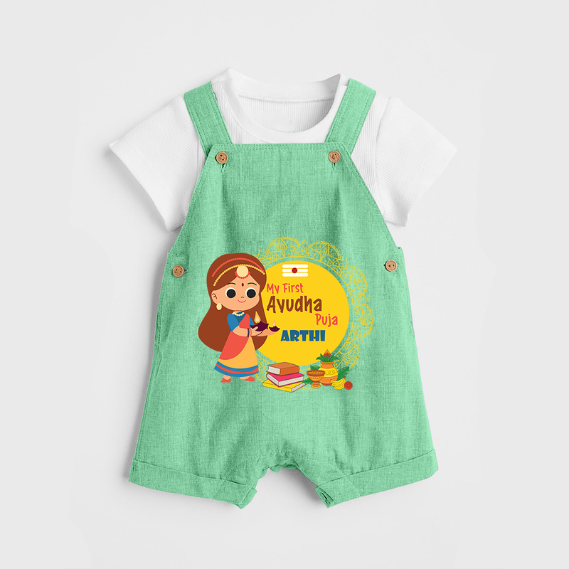 My First Ayudha Puja | Tiny Traditions Dungaree Set - GREEN - 0 - 5 Months Old (Chest 18")