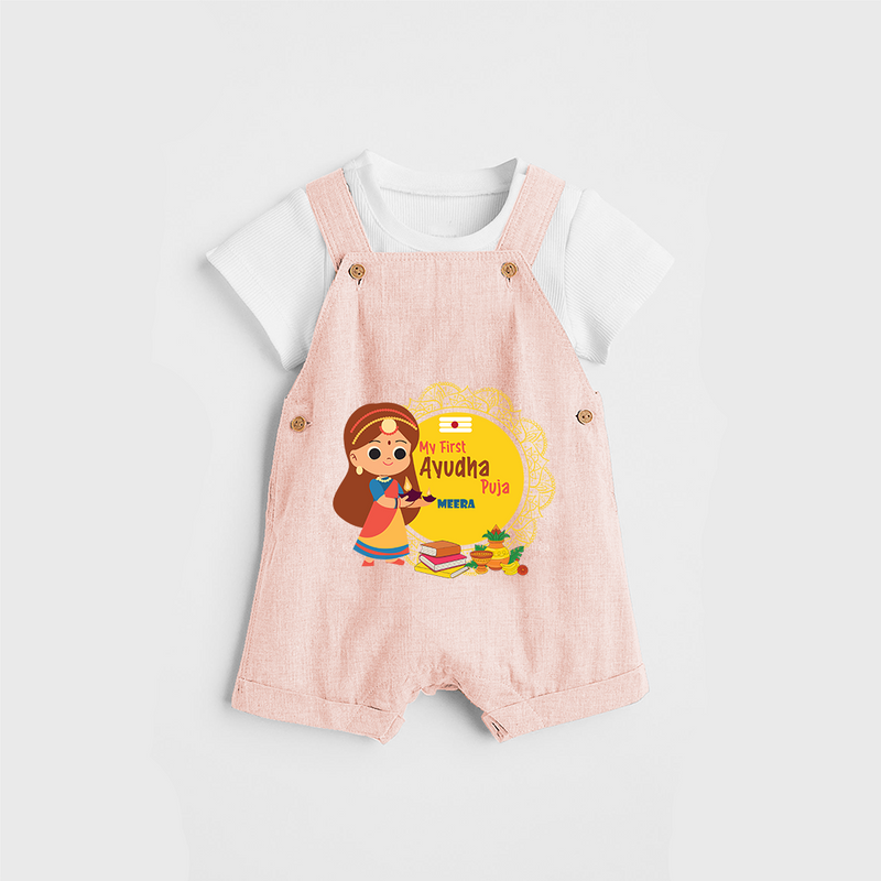 A Celebration of Skill, Tools, and Prosperity - Customized Ayudha Pooja Themed Dungaree Set For kids - PEACH - 0 - 5 Months Old (Chest 18")