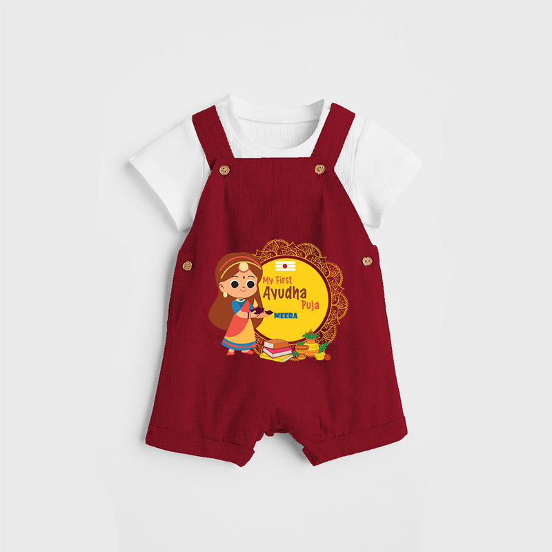 A Celebration of Skill, Tools, and Prosperity - Customized Ayudha Pooja Themed Dungaree Set For kids - RED - 0 - 5 Months Old (Chest 18")