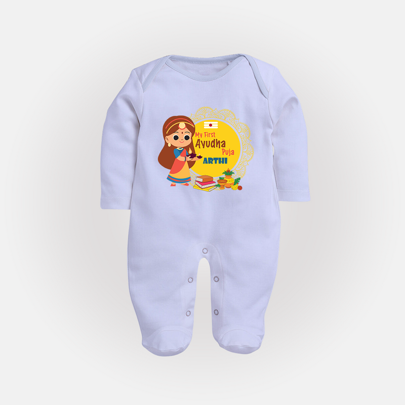 My First Ayudha Puja | Tiny Traditions Sleep Suit - BABY BLUE - New Born (Chest 7.5")