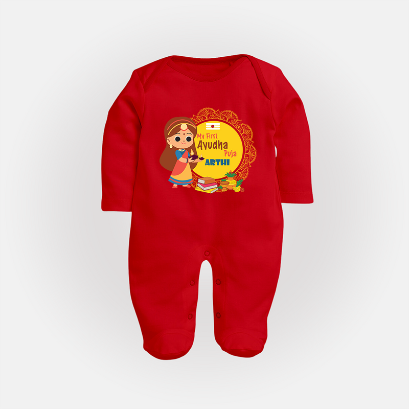 My First Ayudha Puja | Tiny Traditions Sleep Suit - RED - New Born (Chest 7.5")