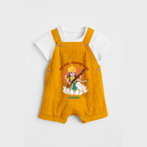 My First Ayudha pooja Customized Ayudha Pooja Themed Dungaree Set For kids - CHROME YELLOW - 0 - 5 Months Old (Chest 18")