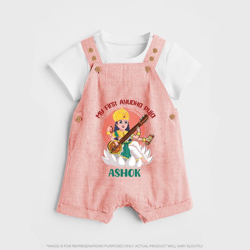 My First Ayudha Puja | Sacred Beginnings Dungaree Set - PEACH - 0 - 5 Months Old (Chest 18")