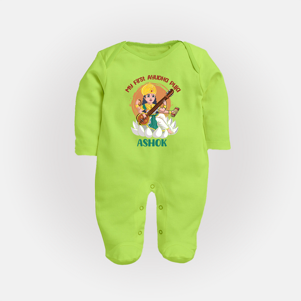 My First Ayudha Puja | Sacred Beginnings Sleep Suit - LIME GREEN - New Born (Chest 7.5")