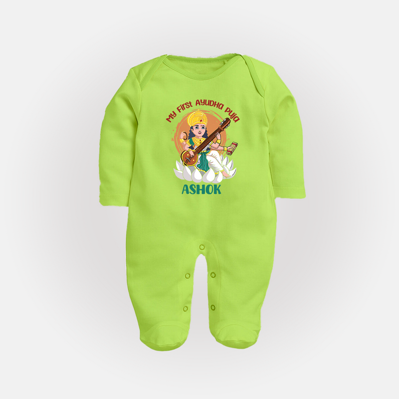 My First Ayudha Puja | Sacred Beginnings Sleep Suit - LIME GREEN - New Born (Chest 7.5")