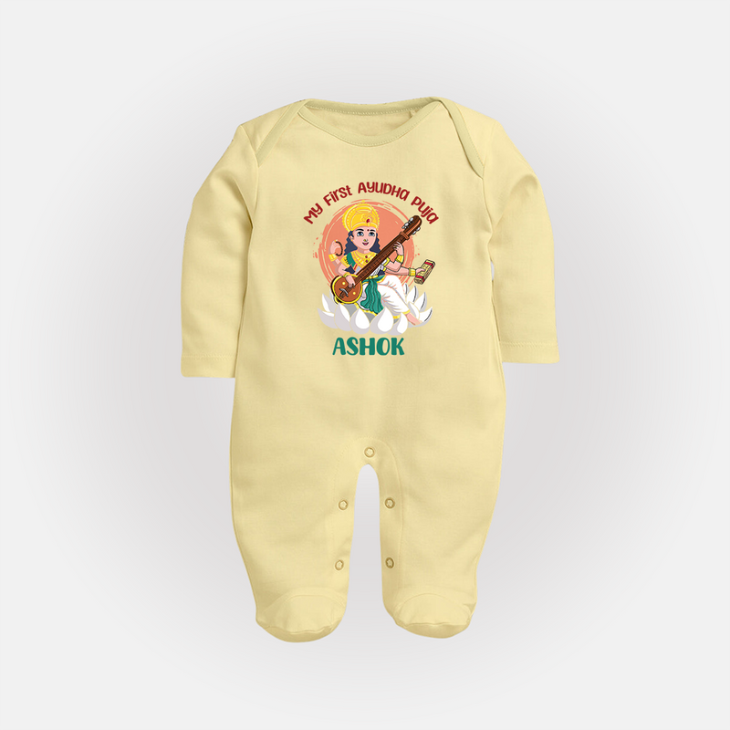 My First Ayudha Puja | Sacred Beginnings Sleep Suit - PASTEL YELLOW - New Born (Chest 7.5")
