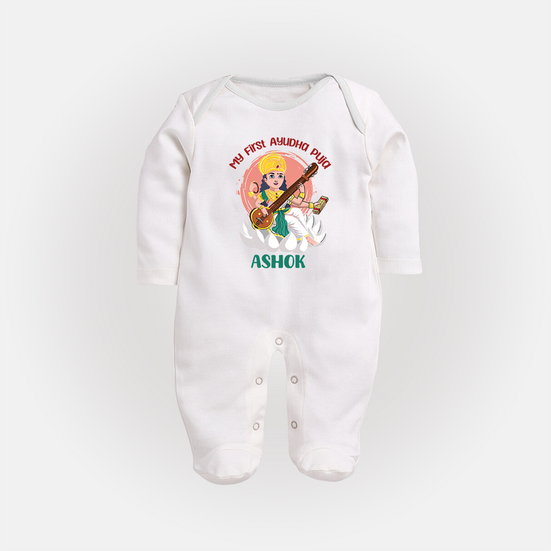 My First Ayudha Puja | Sacred Beginnings Sleep Suit - WHITE - New Born (Chest 7.5")