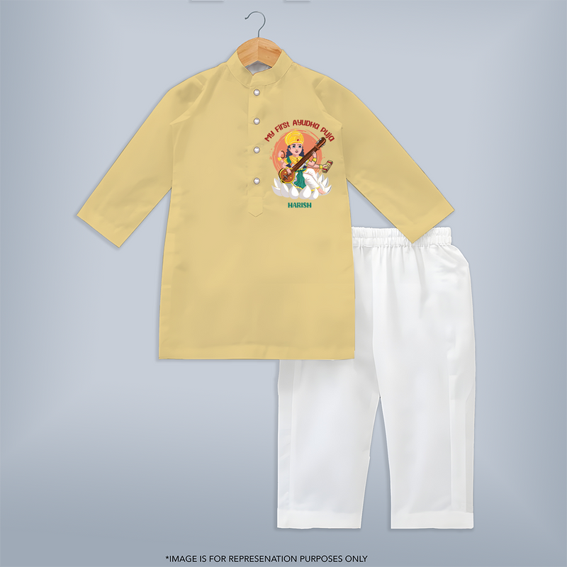 My First Ayudha pooja Customized Ayudha Pooja Themed Kurta Set For kids - YELLOW - 3 - 6 Months Old (Chest 24", Kurta Length 14'', Waist 19", Pant Length 14")