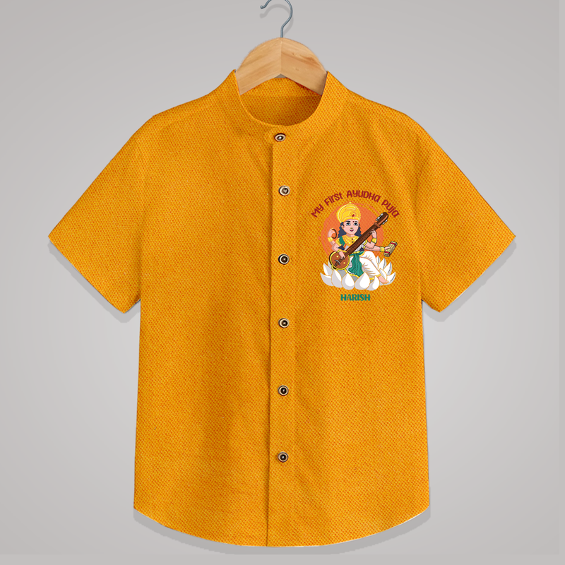 My First Ayudha pooja Customized Ayudha Pooja Themed Shirt For kids - CHROME YELLOW - 0 - 6 Months Old (Chest 23")