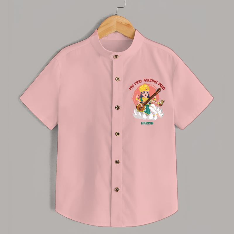 My First Ayudha pooja Customized Ayudha Pooja Themed Shirt For kids - PEACH - 0 - 6 Months Old (Chest 23")