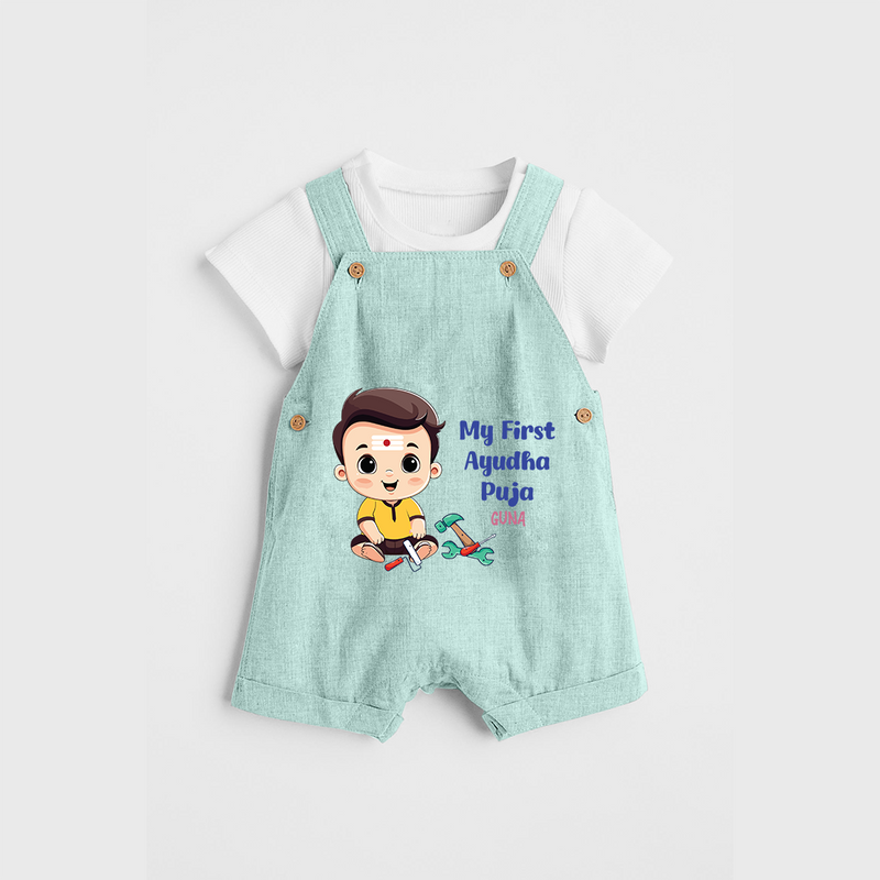 Tools Blessed, Futures Built Customized Ayudha Pooja Themed Kids Dungaree Set - ARCTIC BLUE - 0 - 5 Months Old (Chest 18")